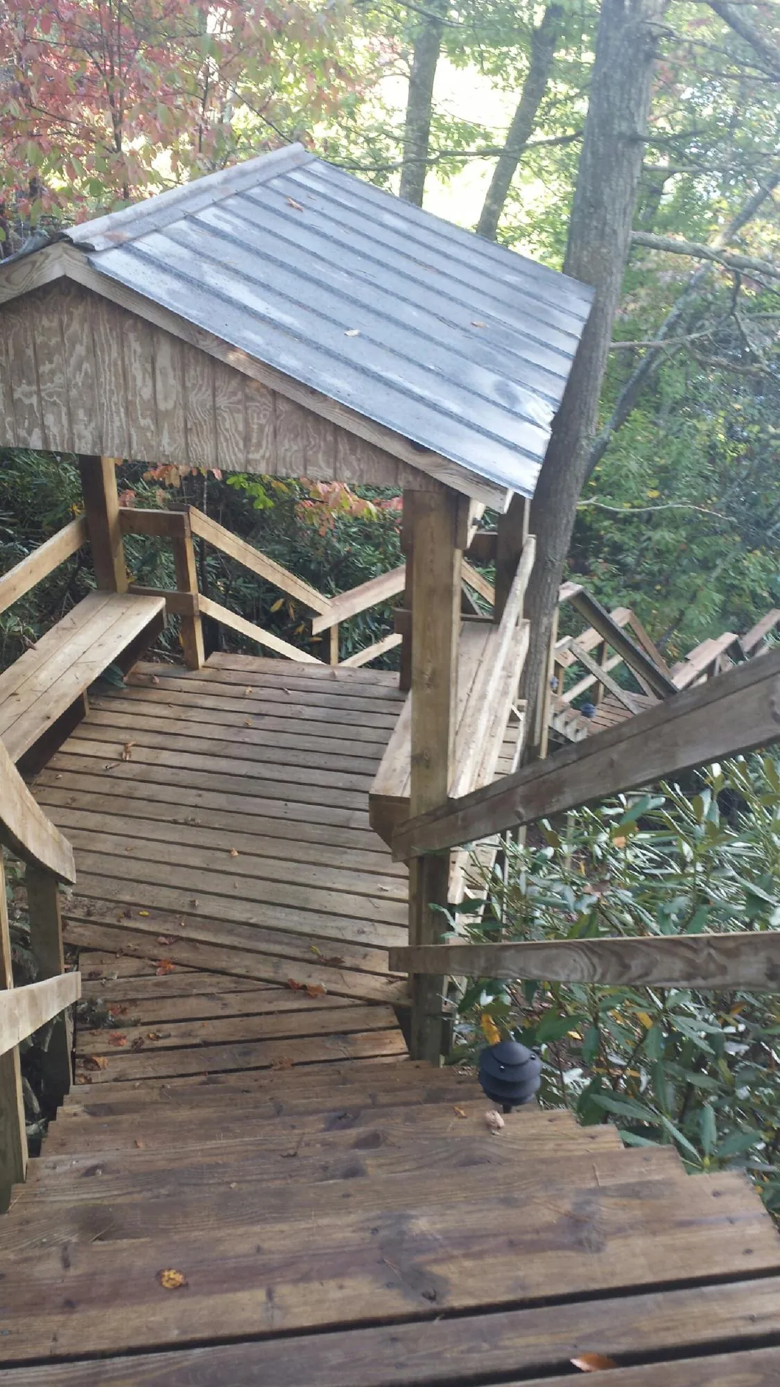 Metal roofed shelter over wooden steps on a wooded walkway — Skylight Repair & Installation work by our crew in Etowah